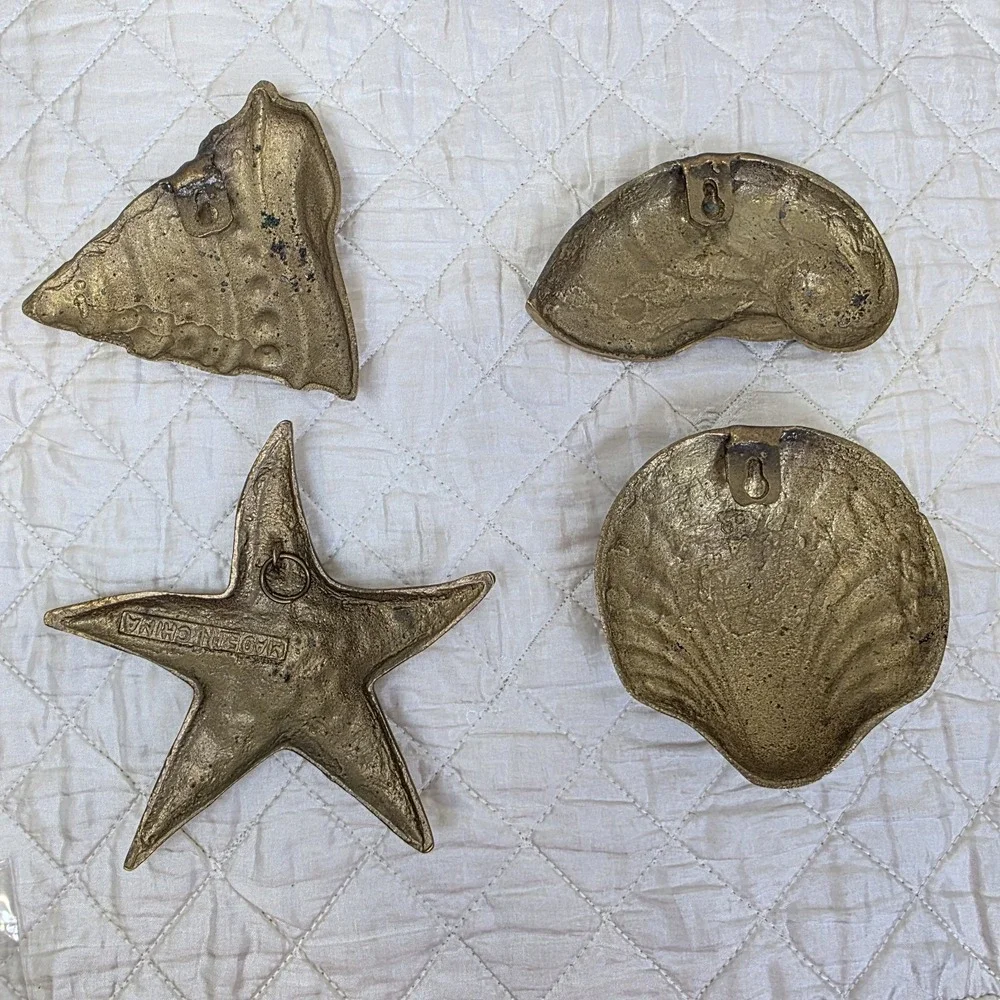 Vintage MCM Solid Brass Sea Shells Starfish Wall Hanging Decor Set of 4 Art Deco